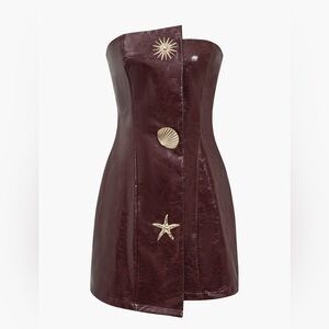 Micas Strapless Burgundy Mini Faux Leather Dress with Gold Shell Embellishments